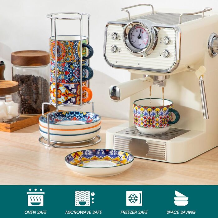 Набір чашок для еспресо Vancasso 4 шт., 150 мл SIMI, з підставками та стійкою, керамічні, для капучино, еспресо, лате (270 мл)