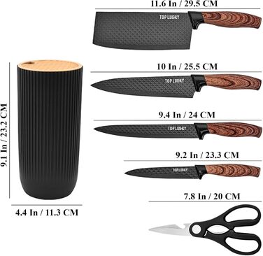 Набір кухонних ножів, 6 шт., чорний, гострий, з антипригарним покриттям, нержавіюча сталь, з підставкою для ножів (чорний)