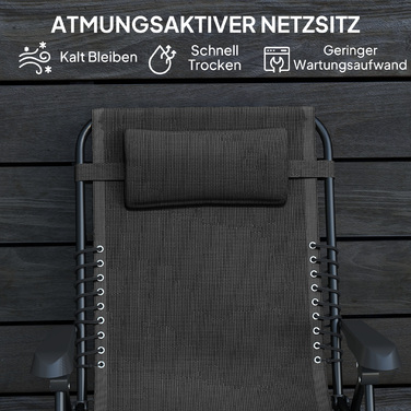 Зручний розкладний шезлонг для саду з підголовником, спинка регулюється в 5 положеннях, витримує до 120 кг, колір чорний