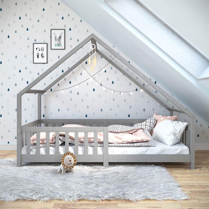 Ліжко для дому IDIMEX CORA з масиву сосни, ліжко Монтессорі 90 х 200 см, дитяче ліжечко із захистом від падіння та дахом (сірий)