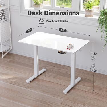 Регульований стіл Claiks з скляною стільницею 120x60 см, електричний, для дому та офісу, комп'ютерний, сучасний, білий