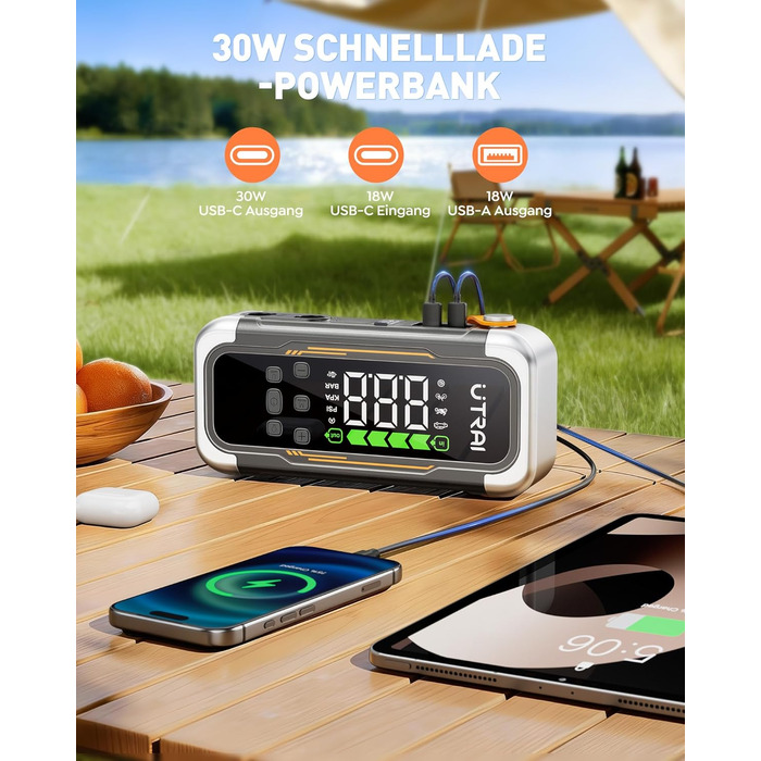 Powerbank Starthilfe UTRAI з компресором та вентилятором для авто, 6000A, LED, PD 30W, для бензинових та дизельних двигунів (10L)