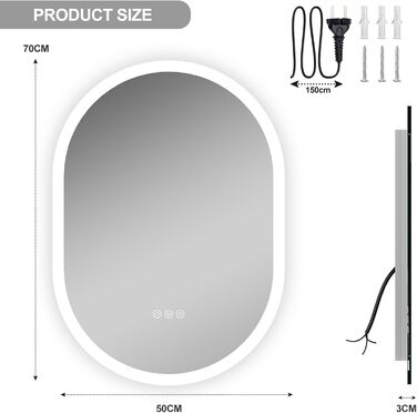 Круглий LED-дзеркало для ванної кімнати ChillCruiser 50см з чорною рамою, антизапарник, 3 кольори, пам'ять, 500x700мм