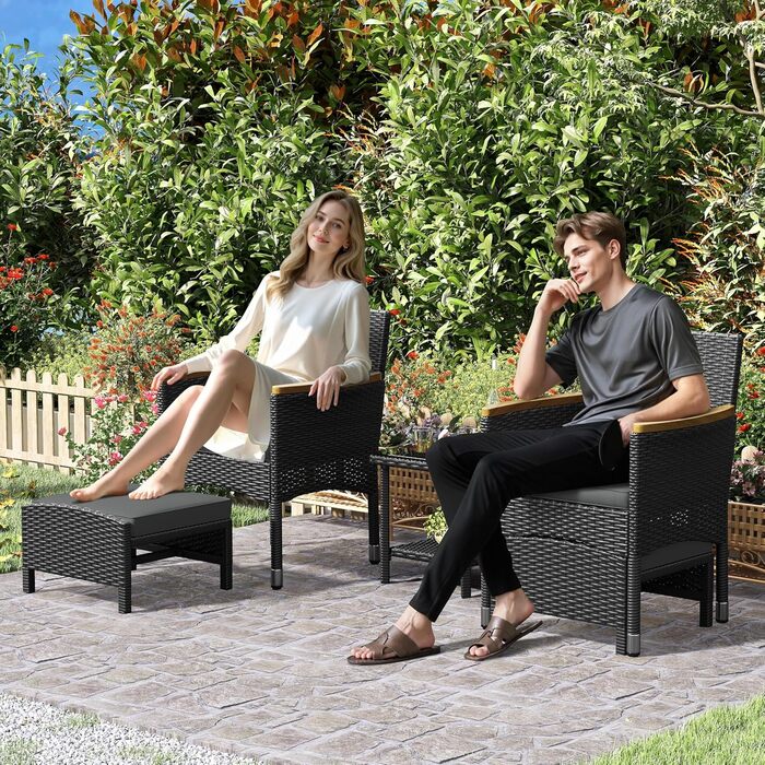 Садовий набір меблів Yaheetech з ротангу для балкона та тераси 5 предметів: 2 крісла, 2 пуфи, столик (чорний/сірий)