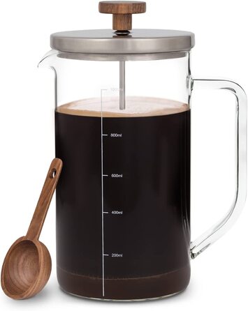 Скляний завод френч - прес (1 л) - кавоварка з порційною ложкою з горіхового дерева і кришкою з нержавіючої сталі-кава без пластику для кави