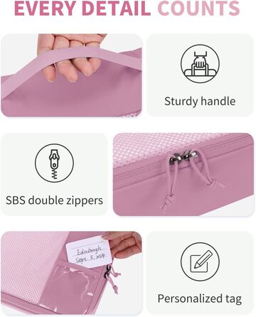 Набір органайзерів для валізи ECOHUB, 6 шт. — Подорожні сумки-кубики з ID-тегами, дихаючі легкі органайзери для одягу та рюкзака з перероблених матеріалів (Темно-рожевий)