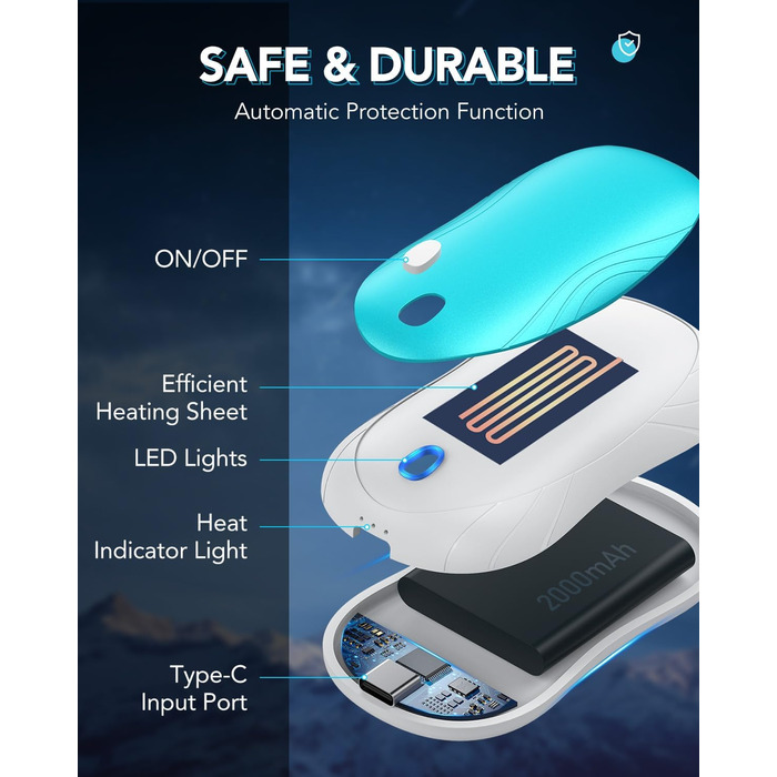 Електричні грілки для рук Cnkeeo, 2 шт. з роздільним магнітним з'єднанням, Powerbank USB, 3 режими нагріву, для спорту, риболовлі, полювання, чорно-білі (блакитно-білі)