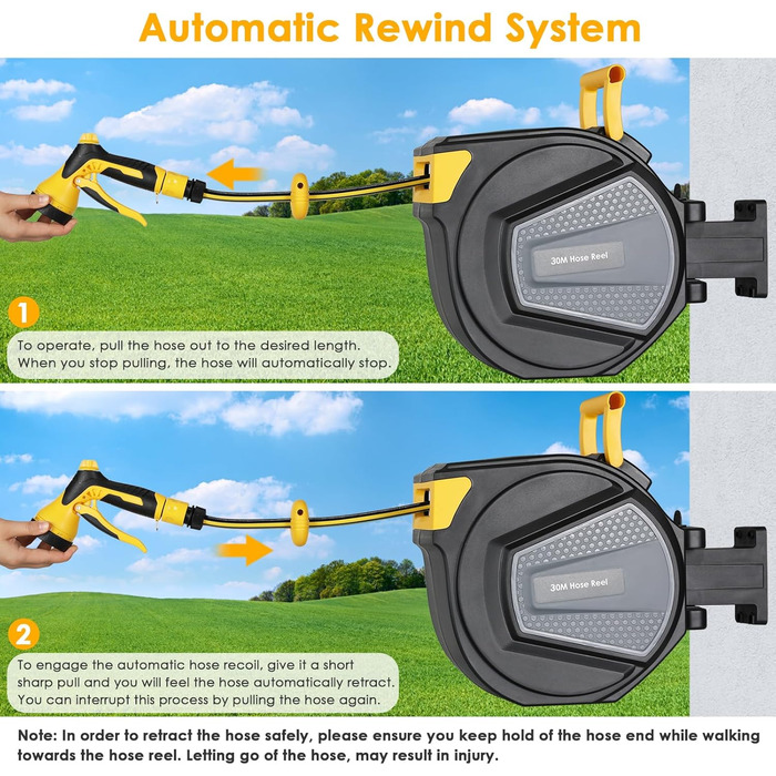 Шланговий барабан з шлангом для саду з автоматичним змотуванням, поворотний на 180°, настінна шланговий бокс з ручною лійкою (9 функцій), для поливу та миття авто (чорно-жовтий, 30м)