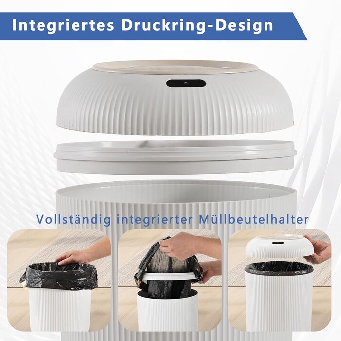 Автоматичний сміттєвий бак з сенсором 12L - Білий сміттєвий контейнер з датчиком для кухні, ванної кімнати, офісу, спальні, туалету. Безшумний, вологостійкий, герметичний.