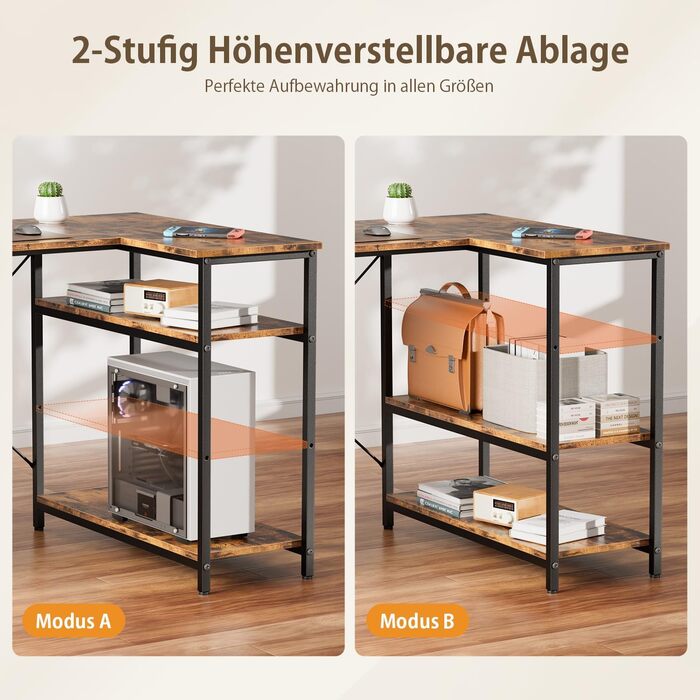 Комп'ютерний стіл HLONONE L-подібний з 3 висувними ящиками для тканини, з полицями та бічною кишенею, для офісу, геймінгу та дому, білий (140 x 80 см, коричневий)