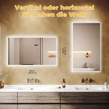 Дзеркало для ванної кімнати LOMIKEN з підсвічуванням, 60x50 см, LED, холодний білий світ, енергозбереження, вертикальне/горизонтальне кріплення, вимикач на стіні, матові краї