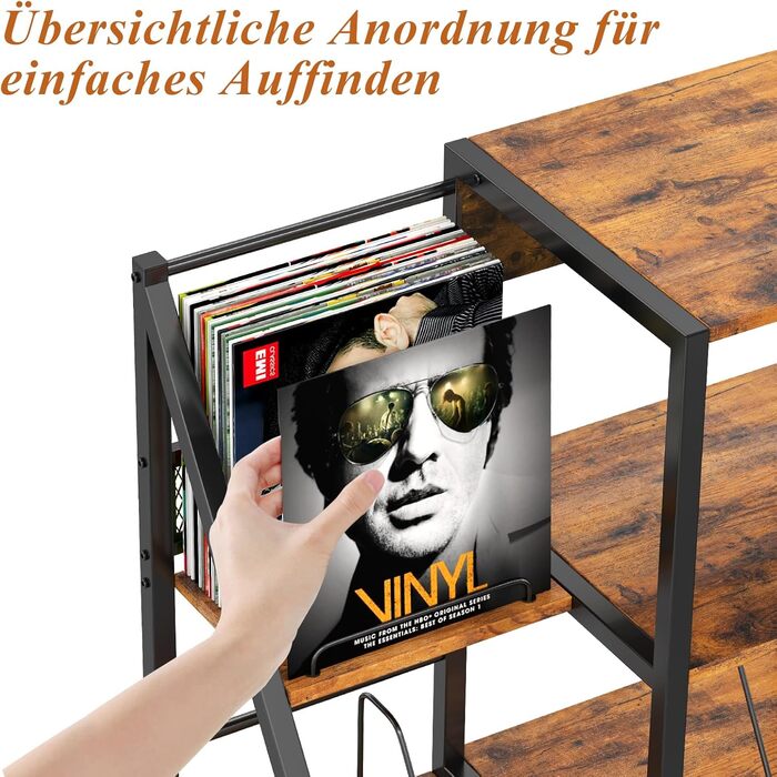 Підставка для програвача вінтаж велика з розеткою та LED-підсвіткою, тримач для платів, полиця для вінілу на 300 альбомів, для вітальні, спальні