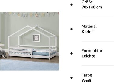 Дитяче ліжко Ліжко Kntten House Ліжко з цоколем 90 x 200 см Дерев'яне ліжко для дітей із захистом від падіння з сосни, каркас ліжка з рейками (Білий, 70x140 см)