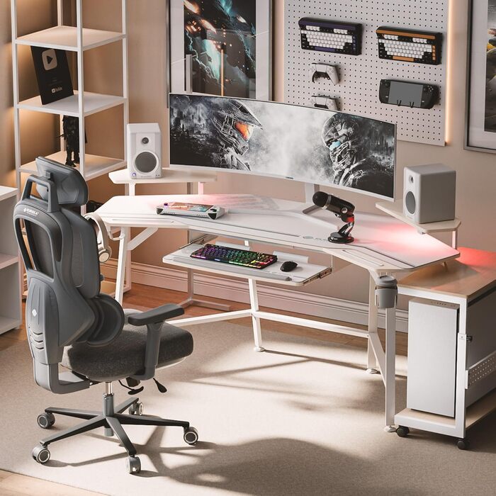 Ігровий стіл EUREKA ERGONOMIC 160x74 см з крилами, для ПК, з 2 відсіками для iPad, для дому, офісу, стрімінгу, білий акорн