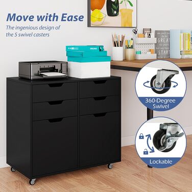 Шафа для документів Komfotteu з 5 колесами, контейнер на коліщатах з 4 шухлядами та 2 дверцятами, дерев'яний офісний контейнер, шафа для документів, візок для офісу, стіл для принтера для офісу, вітальні (Білий) (Чорний)