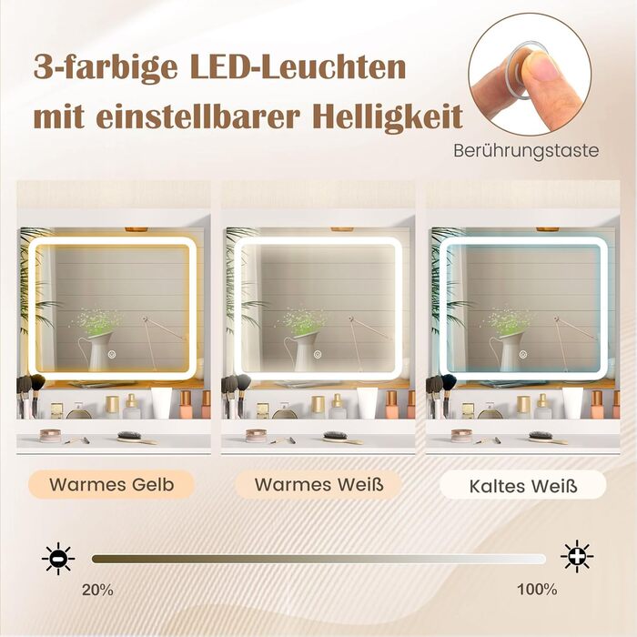 Тумбочка для макіяжу з LED-підсвічуванням COSTWAY, туалетний столик з зарядкою, дзеркало, пуф, 3 ящики, місце для фену, білий + золотий