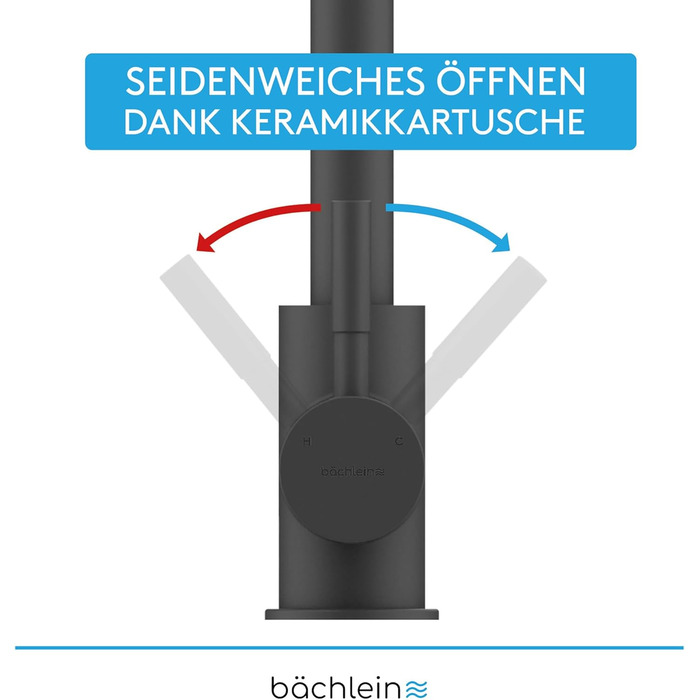Змішувач для кухні Bchlein Plivo, нержавіюча сталь, поворотний на 360, одноважільний, суцільний, прямокутний, чорний матовий