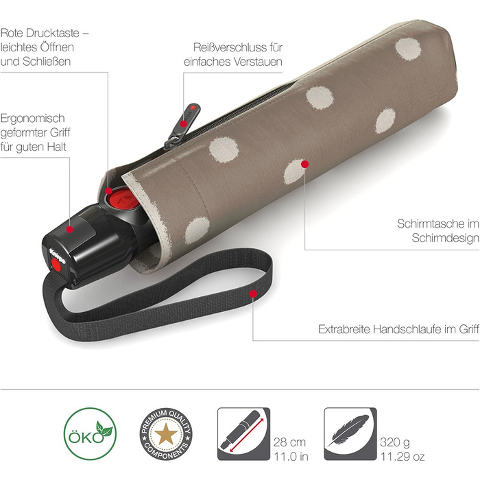 Складна парасолька Knirps T.200 Duomatic відкриття-закриття-автоматичний, складний, захист від шторму, вітрозахисний, 28 см, Dot Art Taupe
