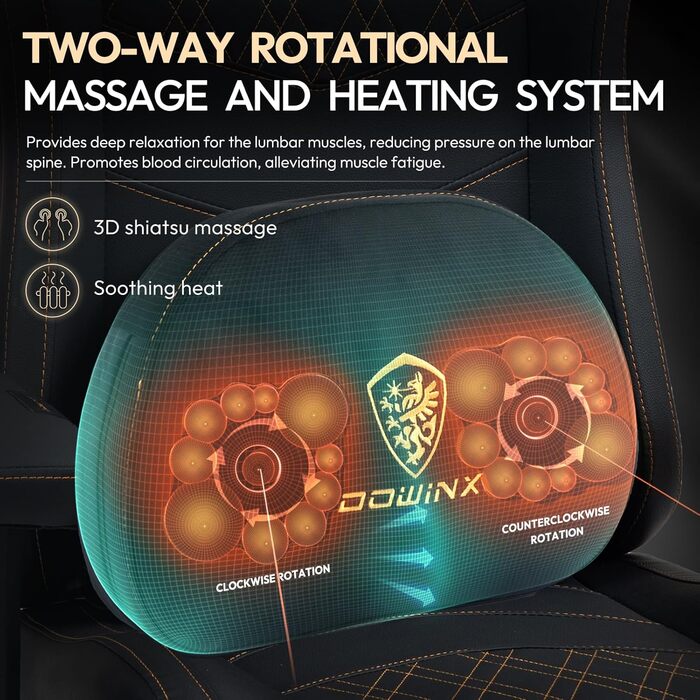 Ігровий крісло Dowinx з масажем та підігрівом, дихаюча спинка, регульоване, з підніжкою, підтримка спини та шиї, чорно-білий (чорний з золотом)