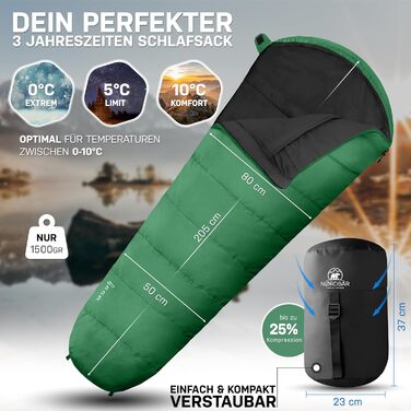 NORDBÄR Спальний мішок 3 сезони та літній, ультралегкий 750г/1500г, мумія для кемпінгу, компактний, 100GSM/300GSM, туристичний, для подорожей і гірських хатин