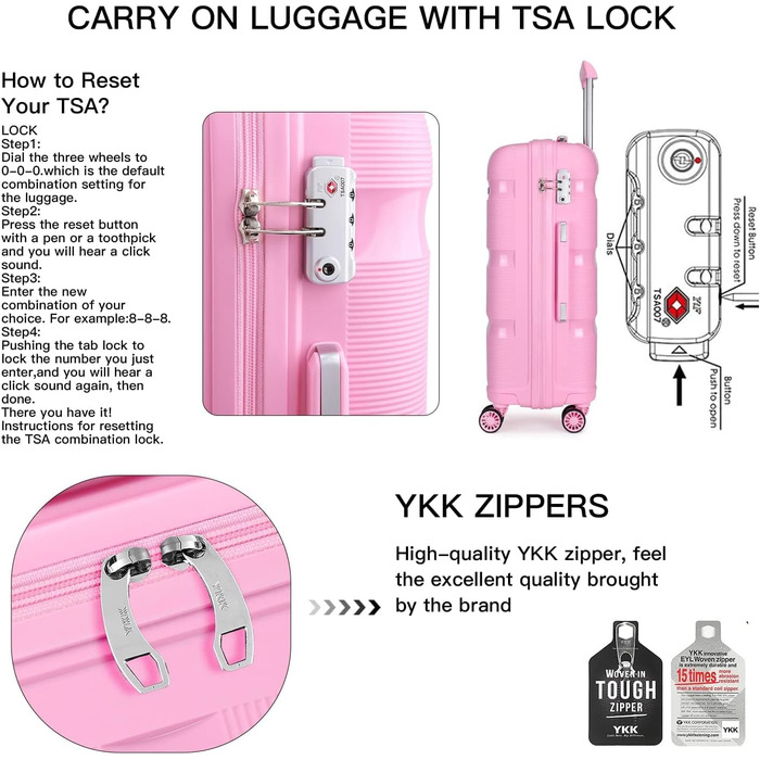 Чохол-валіза KONO середнього розміру 65 см з TSA замком та 4 колесами, легкий, модний, зносостійкий, поліпропілен, 65x44x27 см, 66 літрів (Рожевий, L)