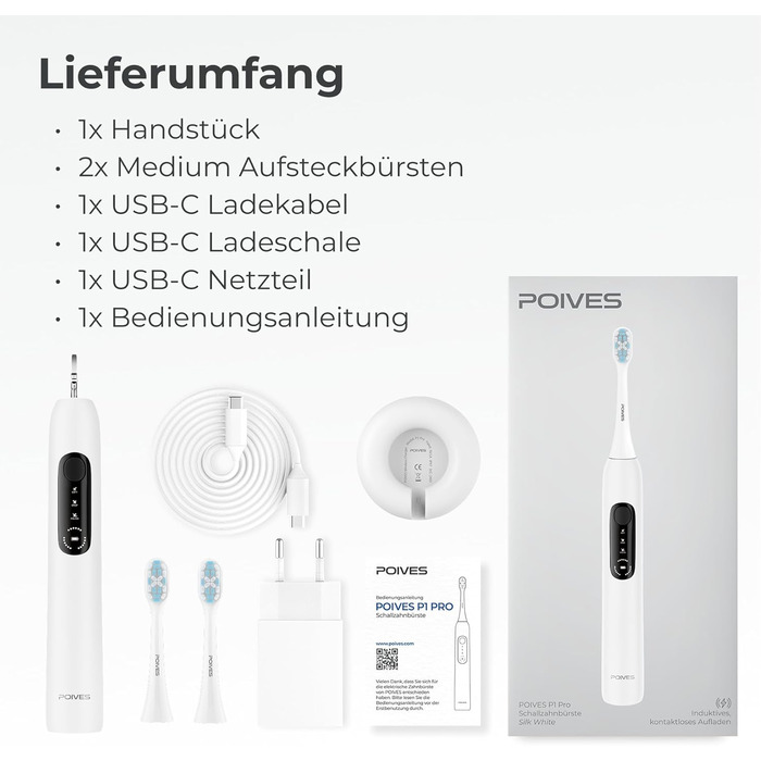 Електрична зубна щітка POIVES P1 Pro з датчиком тиску, 72 000 рухів, гарантія до 4 років, 111 днів без ризику, тривалий час роботи, колір Midnight Blue (P1 Pro Silk White)
