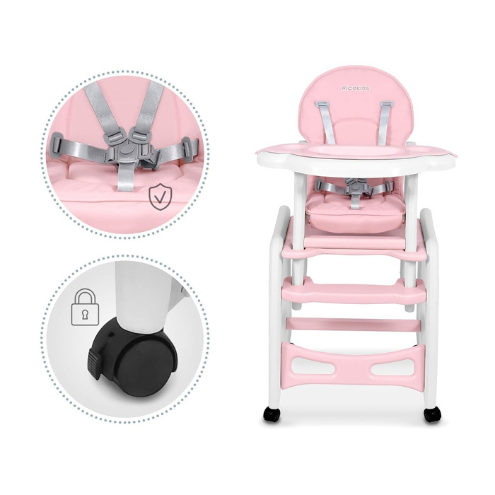 Дитячий стільчик Ricokids Sinco 5в1 - регульований, з функцією гойдання, рожевий