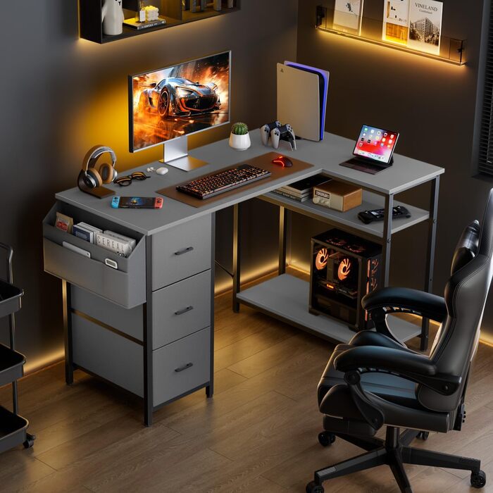 Комп'ютерний стіл HLONONE L-подібний з 3 ящиками для тканини, з полицями та бічною кишеню, для офісу, геймінгу та дому, білий (120 x 80 см, сірий)