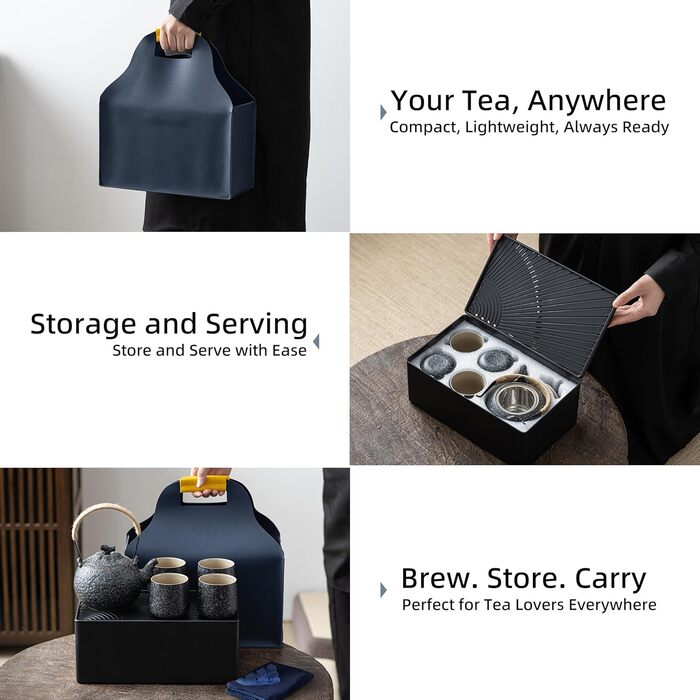 Набір для чаювання TEANAGOO: чайник 700мл + 4 чашки 205мл, дорожній, порцеляна, сірий, з підносом