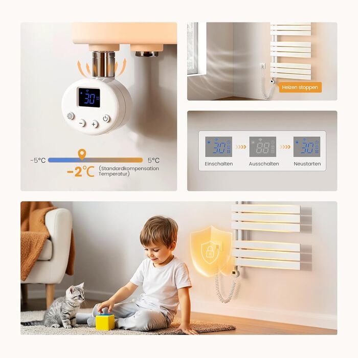 Електричний рушникосушар EMKE з термостатом, 1320x500 мм, білий, 800W (модель з Wi-Fi)