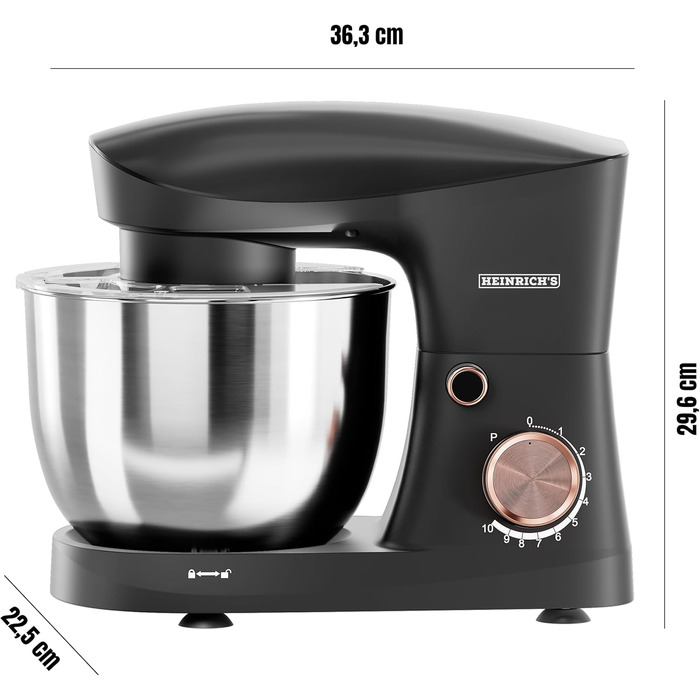Кухонна машина Heinrichs 1500W з місткою чашею 6L з нержавіючої сталі, 10 швидкостей, титан, міксер, тістоміс, планетарний міксер