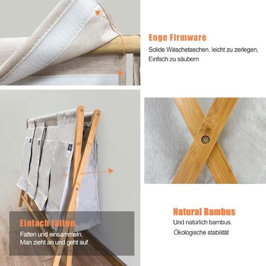 Кошик для білизни AdelDream з 3 відділеннями, 150л, бамбук, сортувальник, сірий