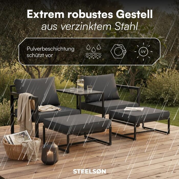 Садовий набір меблів STEELSØN Asteri 5 предметів: 2 крісла, 2 пуфи, стіл - Чорний металевий каркас, подушки антрацит - для тераси, балкону, саду (2-4 особи)