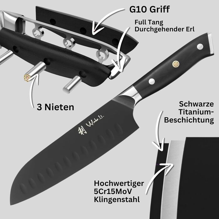 Набір кухонних ножів Wakoli Titanium Noir (5 предметів) з бруском - професійний набір ножів з титанового покриття, нержавіюча сталь, чорний, магнітний бруск, включає ніж Сантоку