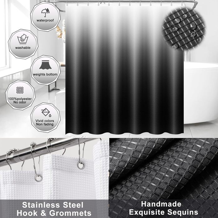 Набір для ванної кімнати 17 предметів: аксесуари для ванної, сміттєвий бак, дозатори мила, тримач для зубних щіток, 6 дерев'яних гачків, аксесуари для кухні та ванної (Чорний, Комплект для ванної + штора для душу + килимок для ванної + рушник для ванної)