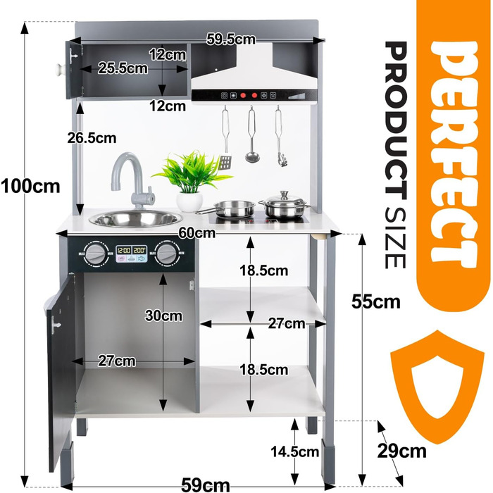 Дерев'яна дитяча кухня Kinderplay з LED та звуками приготування їжі, регульована висота 92–107 см, іграшкова кухня для ролевих ігор від 3 років, повний комплект з аксесуарами, світло-сірий (Modern - Grau)