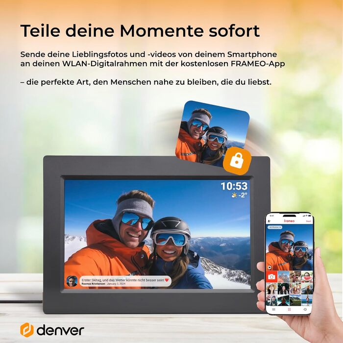 Цифровий фоторамка Denver 10.1 дюйма з Wi-Fi, сенсорним екраном та 16 ГБ пам'яті – електричний фоторамка з керуванням через додаток, USB та microSD – чорний
