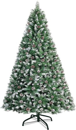 Штучна Різдвяна ялинка UISEBRT-Зелена штучна ялинка з ПВХ Ялинка для різдвяного декору, натурально-біла зі сніжинками, з вкл. Металева підставка (210 см, з ефектом снігу і соснових шишок)