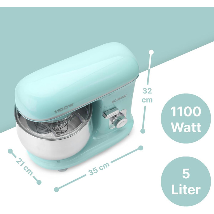 Кухонна машина Bomann 1100 Вт | Міксер для тіста 5л | З крюками для тіста, віночком та ножем для тіста | для 3 кг тіста | Міцне спеціальне редукторне передавання | Кухонний комбайн | Тестоміс KM 6030 CB (М'ятно-зелений)
