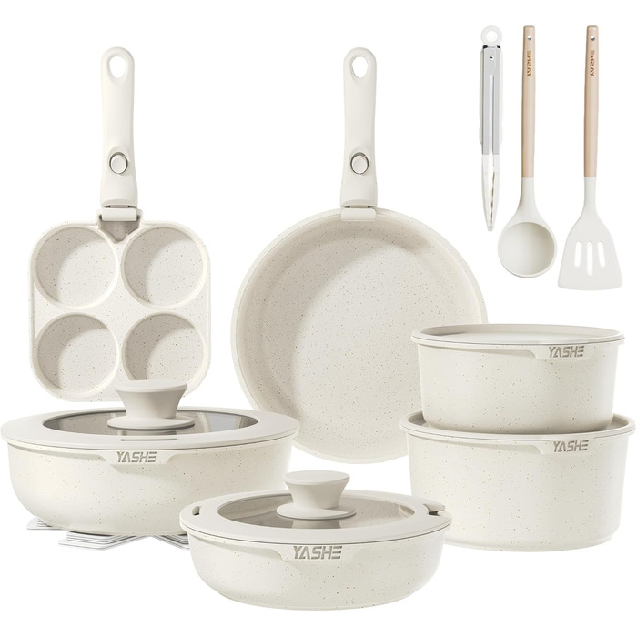 Набір посуду YASHE 20 предметів: каструлі та сковорідки з знімними ручками, антипригарне покриття, індукційний, до 230°C, для миття в посудомийній машині, сірий та білий