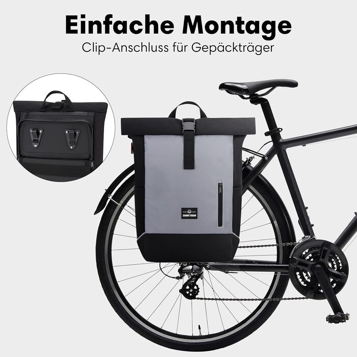Кофри Johnny Urban для багажу жіночі та чоловічі бежеві - Robin Medium Bike - Велосипедна сумка 2 в 1 Рюкзак і сумка для багажу Задня частина - водовідштовхувальна (чорна світловідбиваюча, поліестер)
