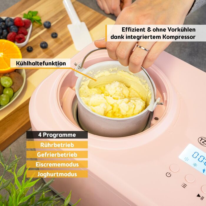 Електрична машина для приготування морозива TZS First Austria 1L з компресором 3 в 1 - для морозива, сорбету та замороженого йогурту, з мірним стаканом та лопаткою, рожева