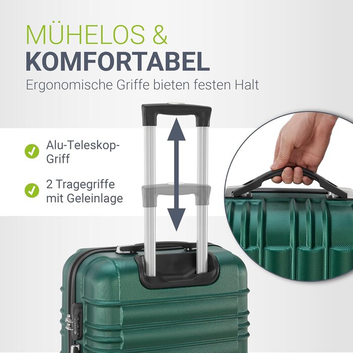 Набір валіз Juskys Hartschale 3 в 1 - зелений колір, захисний корпус, кодований замок, тихі колеса, телескопічна ручка