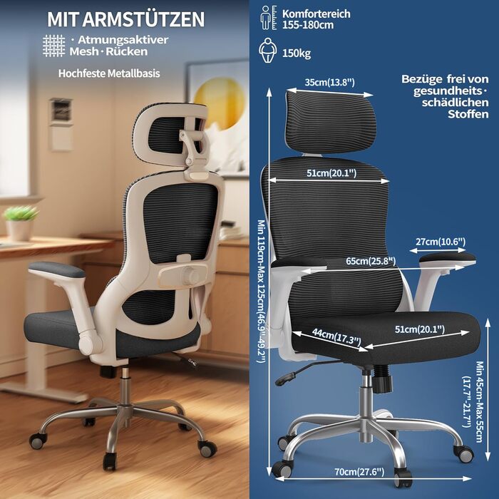 Офісне крісло TRALT Ergonomiczne - ігрове крісло з регульованою підголівником та підтримкою попереку, для дому та офісу, комп'ютерне крісло для великих людей, сітчасте крісло, 150 кг (білий, чорний)