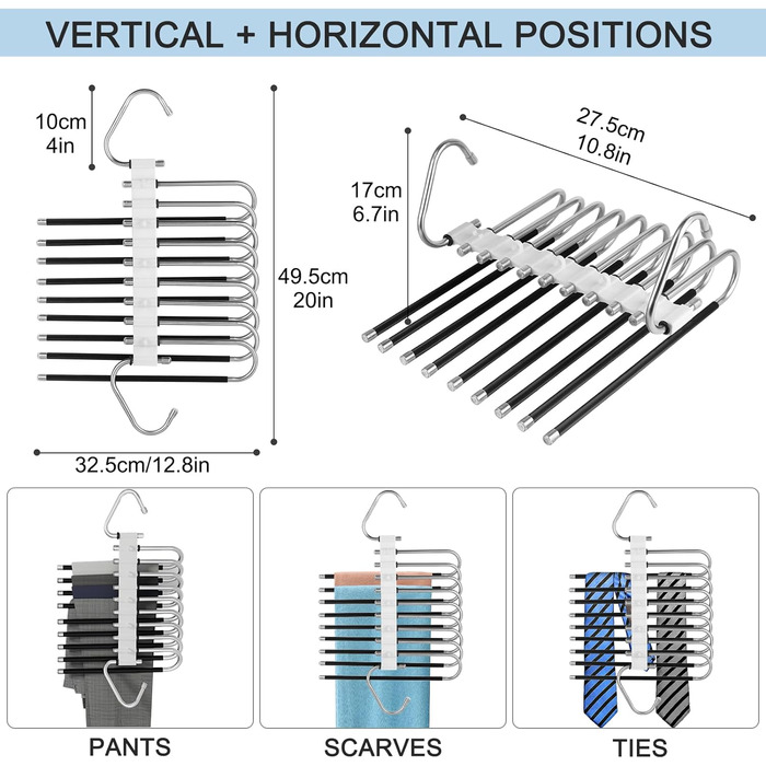 Вішалка для штанів , 2 шт. и, складні, нековзні, з гачком і 10 затискачами, 9 шарів, чорні, 9