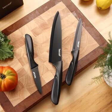 Набір кухонних ножів Hecef 15 предметів з бруском, чорний, з антипригарним покриттям, можна мити в посудомийній машині, самозаточуваний брусок, ергономічні ручки, кухонний набір ножів для початківців та кулінарів-ентузіастів