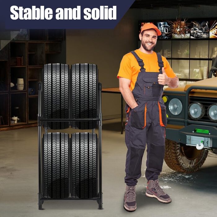 Стійка для шин BAOYOUNI на 4 шини/диски, 2 яруси, чорна. Міцна, економна, для гаража, підвалу, майстерні. 57,2 x 37,3 x 114,6 см