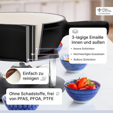 Набір для фондю Ottia з чавуну та емалі на 2-6 осіб: сирне, м'ясне, шоколадне фондю. Підходить для індукційних плит, безпечний, з пальником, виделкою та рецептами (Чорний)