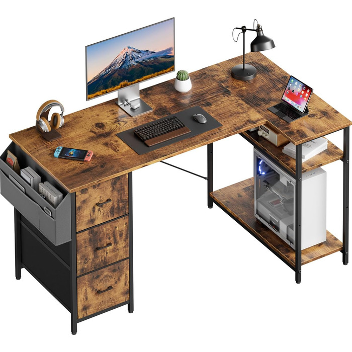 Комп'ютерний стіл HLONONE L-подібний з 3 висувними ящиками для тканини, з полицями та бічною кишенею, для офісу, геймінгу та дому, білий (140 x 80 см, коричневий)