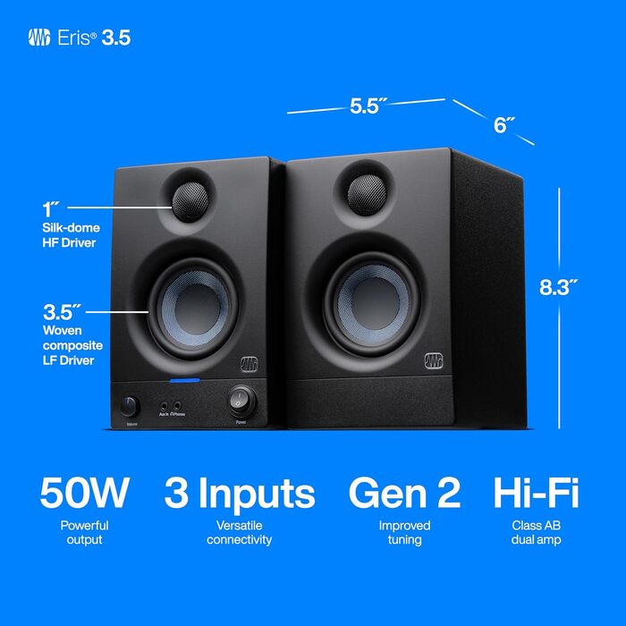 Акустична система PreSonus Eris 3.5 Gen 2, 50 Вт, чорна - для мультимедіа, геймінгу та студійної музики